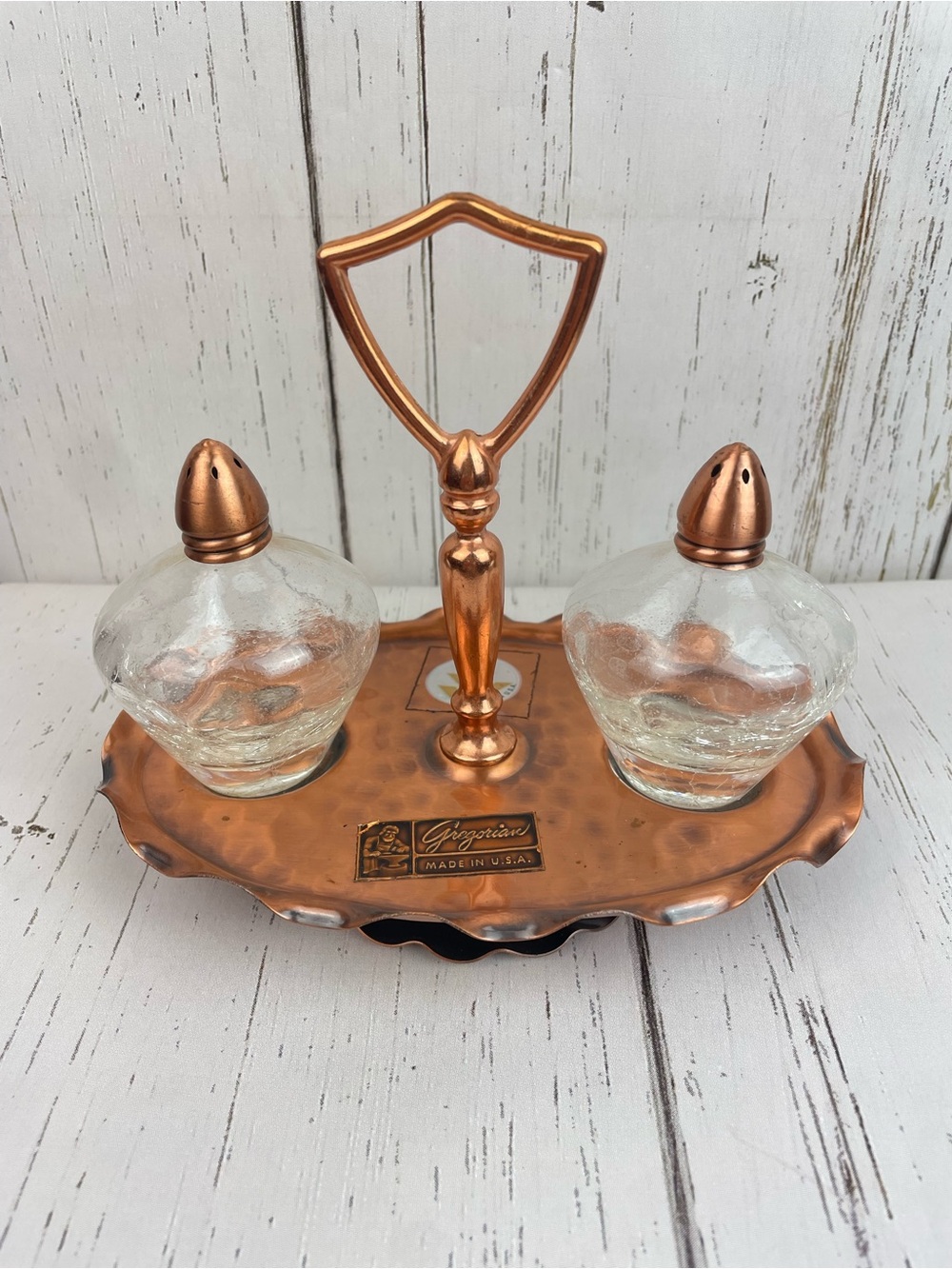 Vintage Mid-Century Gregorian Copper Salt & Pepper Crackle Glass Shakers w/Caddy